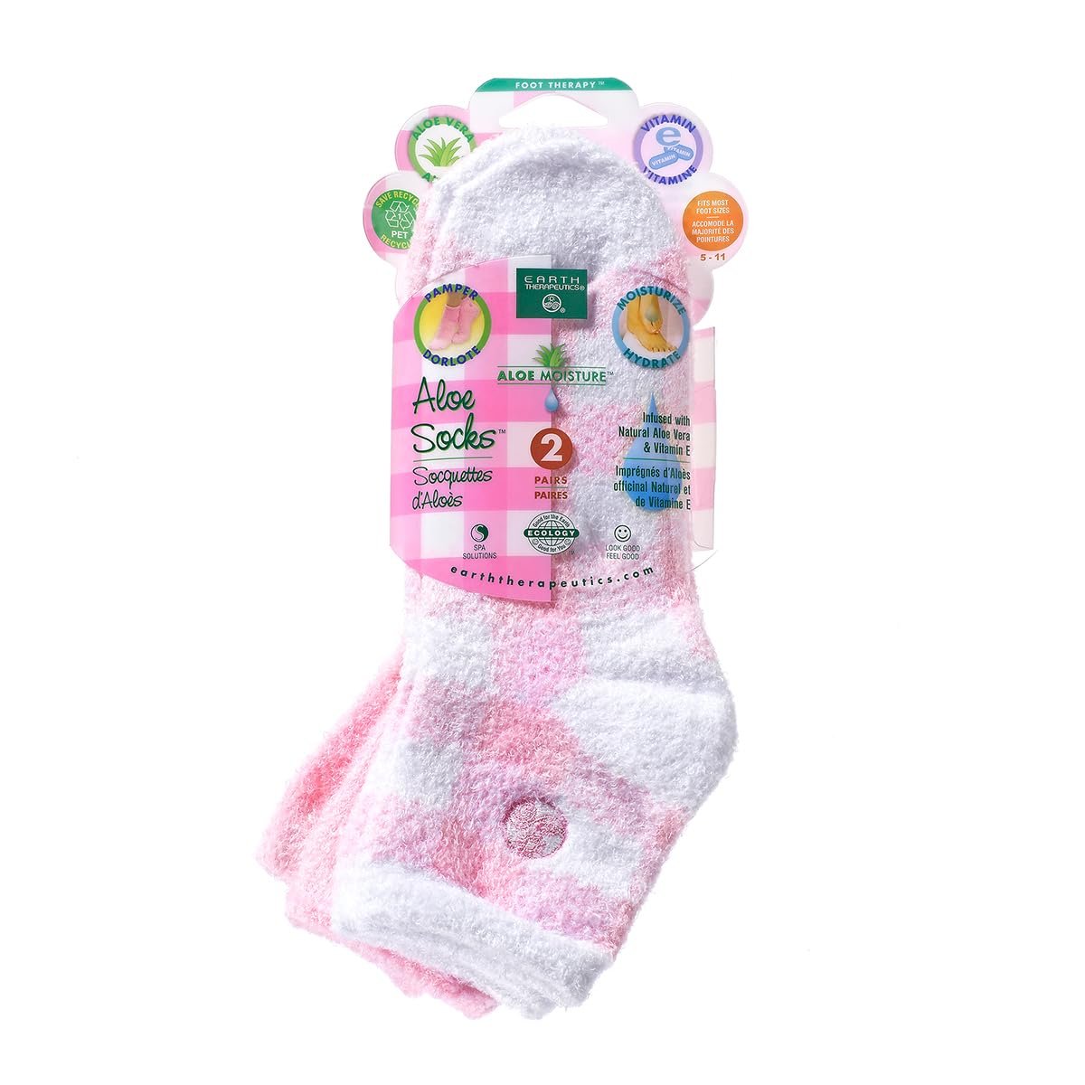 Earth Therapeutics Aloe Socken Doppelpack - Rosa Karo (2 Paar) Feuchtigkeitsspendende Pflegesocken