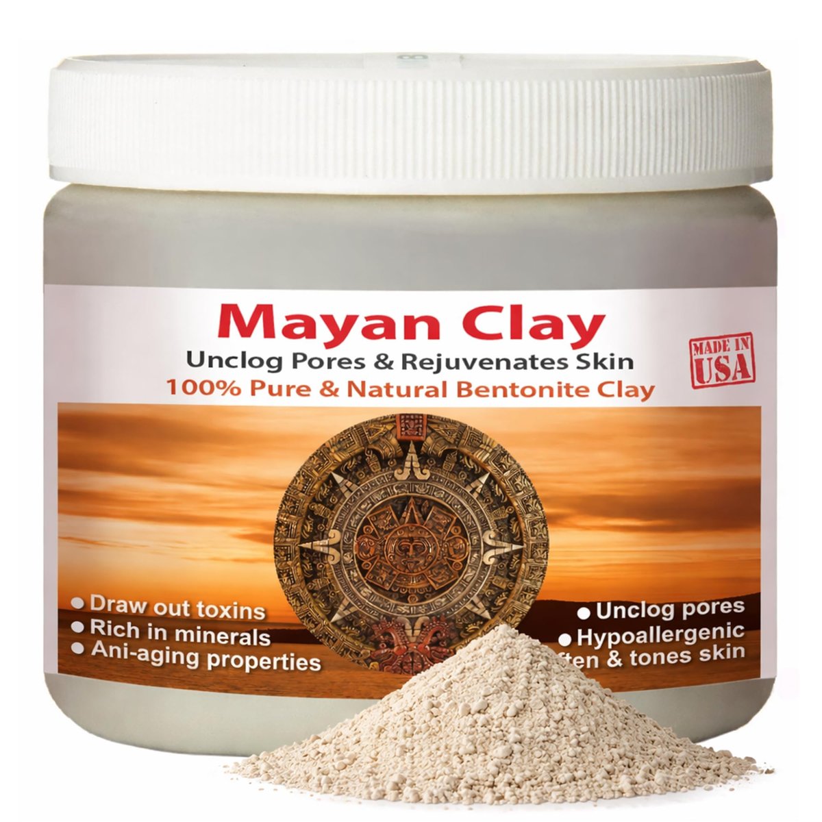 Mayan Pure Indian Healing Clay Pulver – Tiefenreinigende Gesichtsmaske, Körper- und Haarmaske, natürlicher Calcium-Bentonit-Ton, 113 g Glas