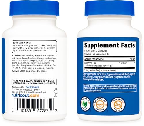 Nutricost Berberin HCl 1200 mg – 60 vegane Kapseln, glutenfrei & nicht-GMO