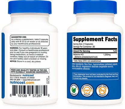 Nutricost Berberin HCl 1200 mg – 60 vegane Kapseln, glutenfrei & nicht-GMO