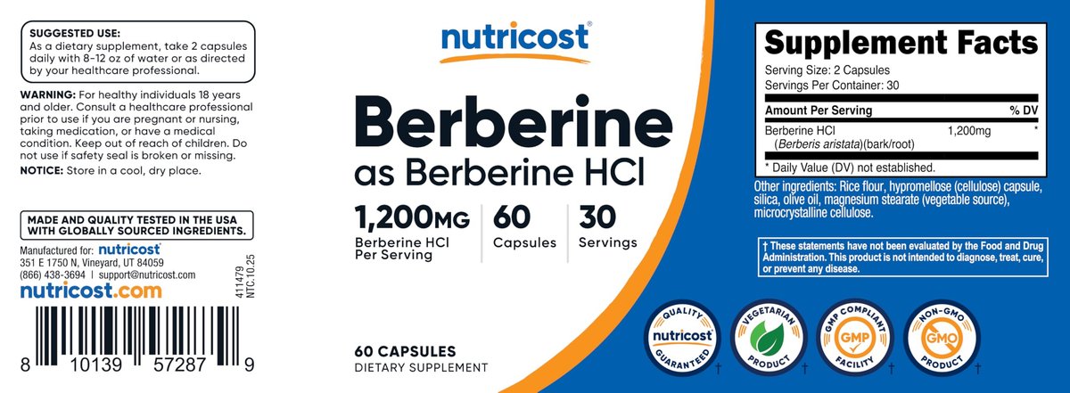 Nutricost Berberin HCl 1200 mg – 60 vegane Kapseln, glutenfrei & nicht-GMO