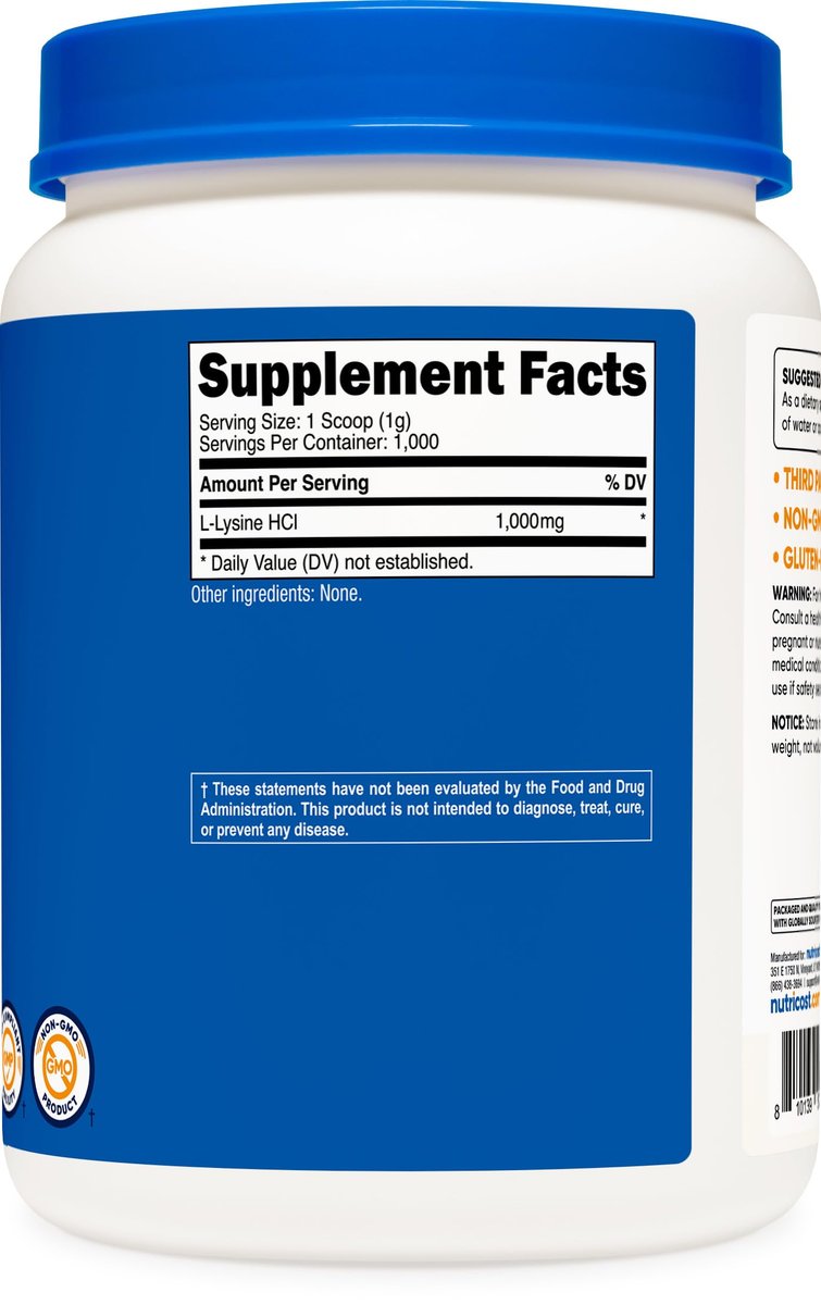 Nutricost L-Lysin Pulver 1KG (2,2 lbs) - Reines L-Lysin, Nicht-GVO, Glutenfrei