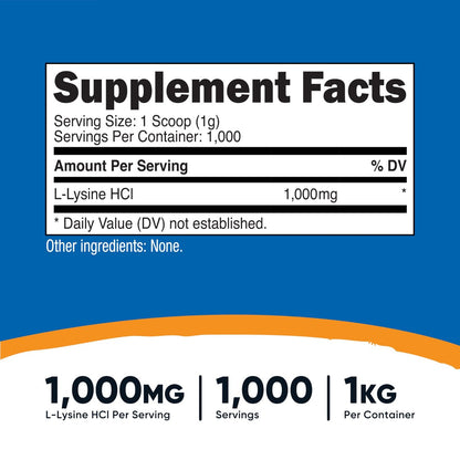 Nutricost L-Lysin Pulver 1KG (2,2 lbs) - Reines L-Lysin, Nicht-GVO, Glutenfrei