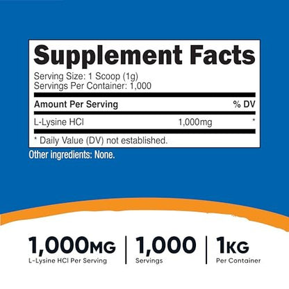 Nutricost L-Lysin Pulver 1KG (2,2 lbs) - Reines L-Lysin, Nicht-GVO, Glutenfrei