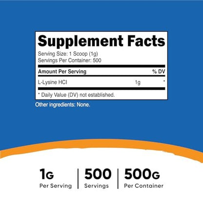 Nutricost L-Lysin Pulver 500 Gramm - Reines L-Lysin, Nicht-GVO, Glutenfrei
