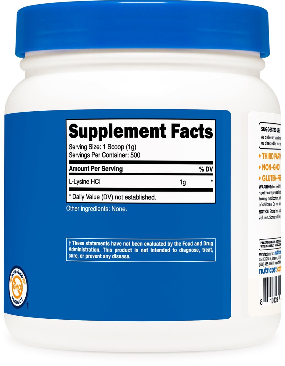 Nutricost L-Lysin Pulver 500 Gramm - Reines L-Lysin, Nicht-GVO, Glutenfrei
