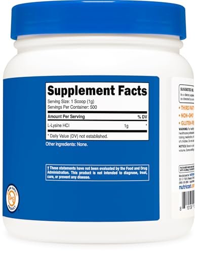 Nutricost L-Lysin Pulver 500 Gramm - Reines L-Lysin, Nicht-GVO, Glutenfrei