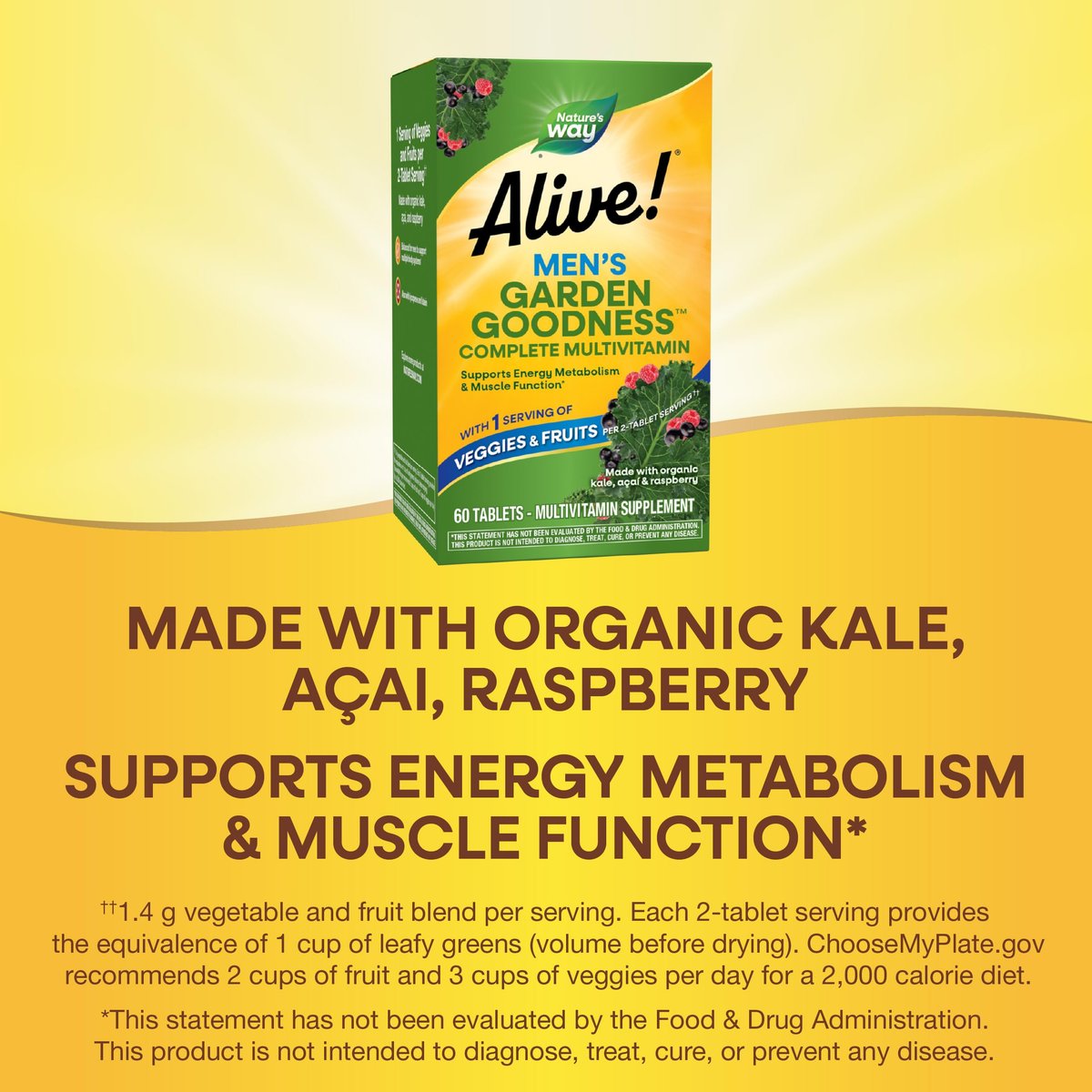 Nature's Way Alive! Garden Goodness Männermultivitamin – Eine Portion Gemüse und Früchte, hochwirksame B-Vitamine, 60 Tabletten