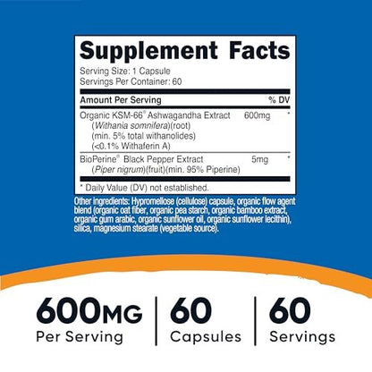 Nutricost KSM-66 Ashwagandha Wurzelextrakt 600mg, 60 vegane Kapseln - 5% Withanolide - mit BioPerin - Vollspektrum-Wurzelextrakt