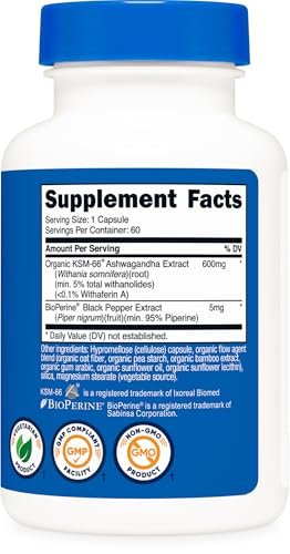 Nutricost KSM-66 Ashwagandha Wurzelextrakt 600mg, 60 vegane Kapseln - 5% Withanolide - mit BioPerin - Vollspektrum-Wurzelextrakt