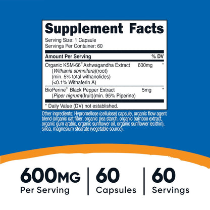 Nutricost KSM-66 Ashwagandha Wurzelextrakt 600mg, 60 vegane Kapseln - 5% Withanolide - mit BioPerin - Vollspektrum-Wurzelextrakt