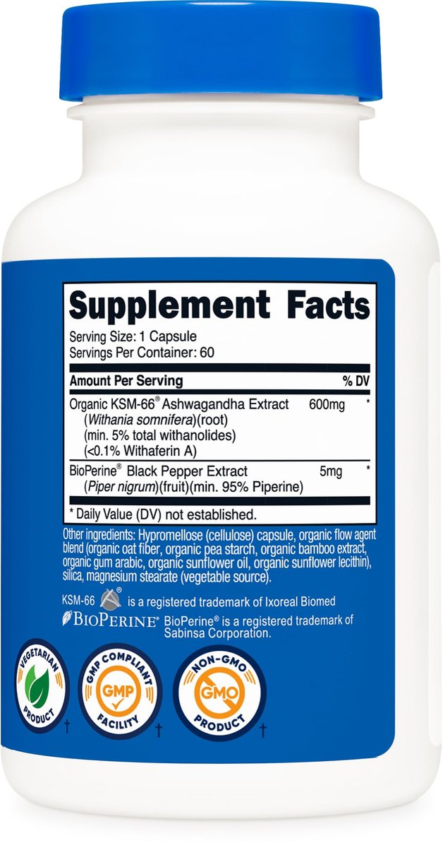 Nutricost KSM-66 Ashwagandha Wurzelextrakt 600mg, 60 vegane Kapseln - 5% Withanolide - mit BioPerin - Vollspektrum-Wurzelextrakt