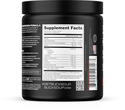 Bucked Up Racked Blood Raz | Intra Workout BCAA 2-1-1 Formel mit L-Carnitin, Acetyl-L-Carnitin, Taurin und L-Tyrosin | Aminosäurepulver (30 Portionen)