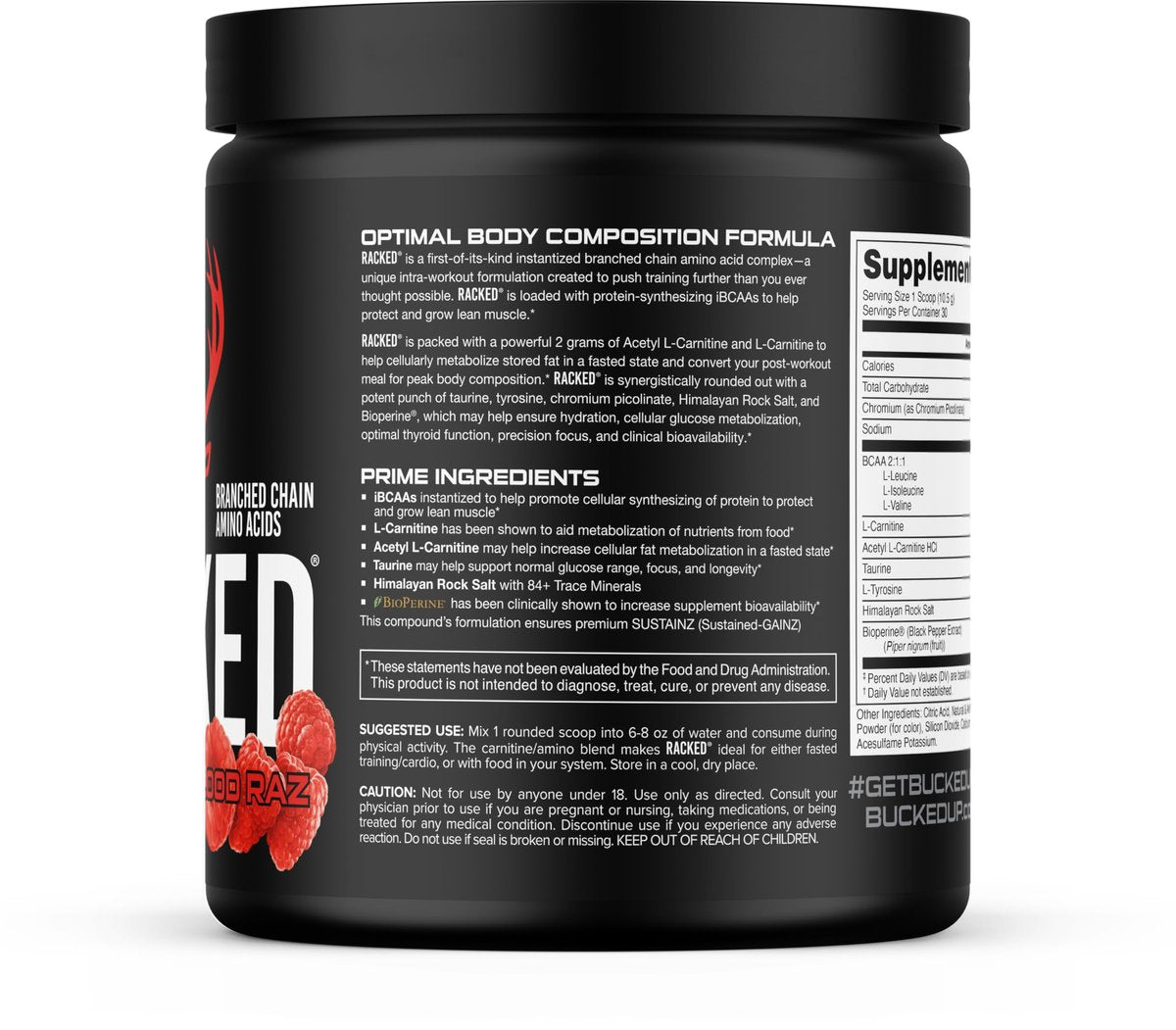 Bucked Up Racked Blood Raz | Intra Workout BCAA 2-1-1 Formel mit L-Carnitin, Acetyl-L-Carnitin, Taurin und L-Tyrosin | Aminosäurepulver (30 Portionen)