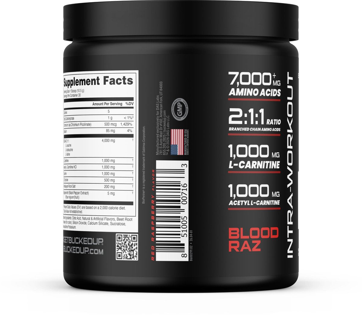 Bucked Up Racked Blood Raz | Intra Workout BCAA 2-1-1 Formel mit L-Carnitin, Acetyl-L-Carnitin, Taurin und L-Tyrosin | Aminosäurepulver (30 Portionen)