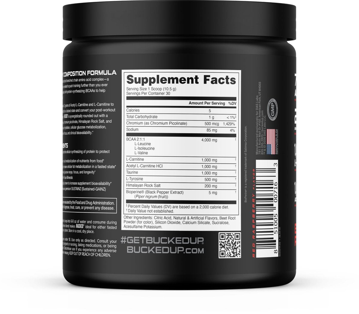 Bucked Up Racked Blood Raz | Intra Workout BCAA 2-1-1 Formel mit L-Carnitin, Acetyl-L-Carnitin, Taurin und L-Tyrosin | Aminosäurepulver (30 Portionen)