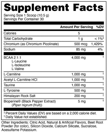 Bucked Up Racked Blood Raz | Intra Workout BCAA 2-1-1 Formel mit L-Carnitin, Acetyl-L-Carnitin, Taurin und L-Tyrosin | Aminosäurepulver (30 Portionen)
