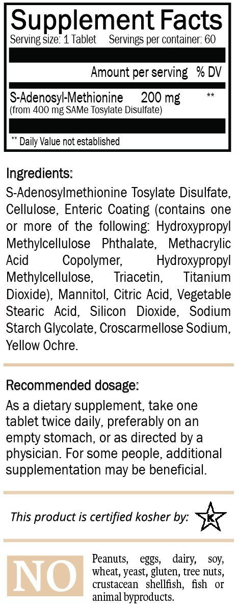 SAM-e 200mg Tagesergänzung - Vegan, Koscher, Nicht-GVO, Sojafrei, Glutenfrei - 60 magensaftresistente Tabletten in Kaltform-Blisterverpackung - von Nature’s Trove