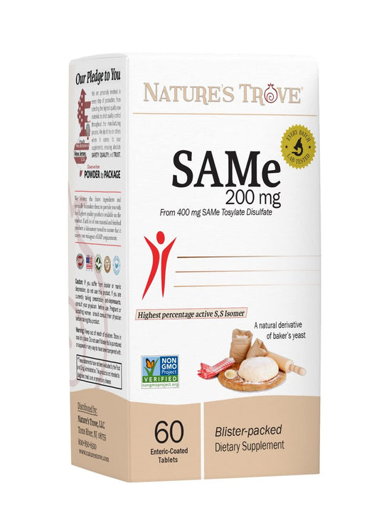 SAM-e 200mg Tagesergänzung - Vegan, Koscher, Nicht-GVO, Sojafrei, Glutenfrei - 60 magensaftresistente Tabletten in Kaltform-Blisterverpackung - von Nature’s Trove