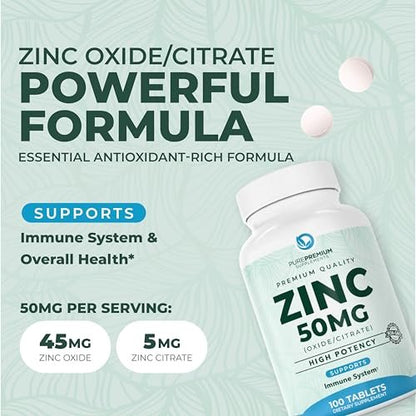 PurePremium Natürliches Zink 50mg – Hochdosiertes Zinkcitrat/Oxid für Erwachsene, Immunsystem & Antioxidans, 100 Tabletten