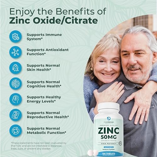 PurePremium Natürliches Zink 50mg – Hochdosiertes Zinkcitrat/Oxid für Erwachsene, Immunsystem & Antioxidans, 100 Tabletten
