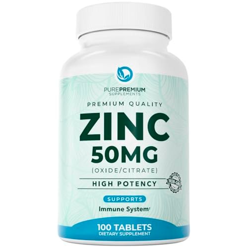 PurePremium Natürliches Zink 50mg – Hochdosiertes Zinkcitrat/Oxid für Erwachsene, Immunsystem & Antioxidans, 100 Tabletten