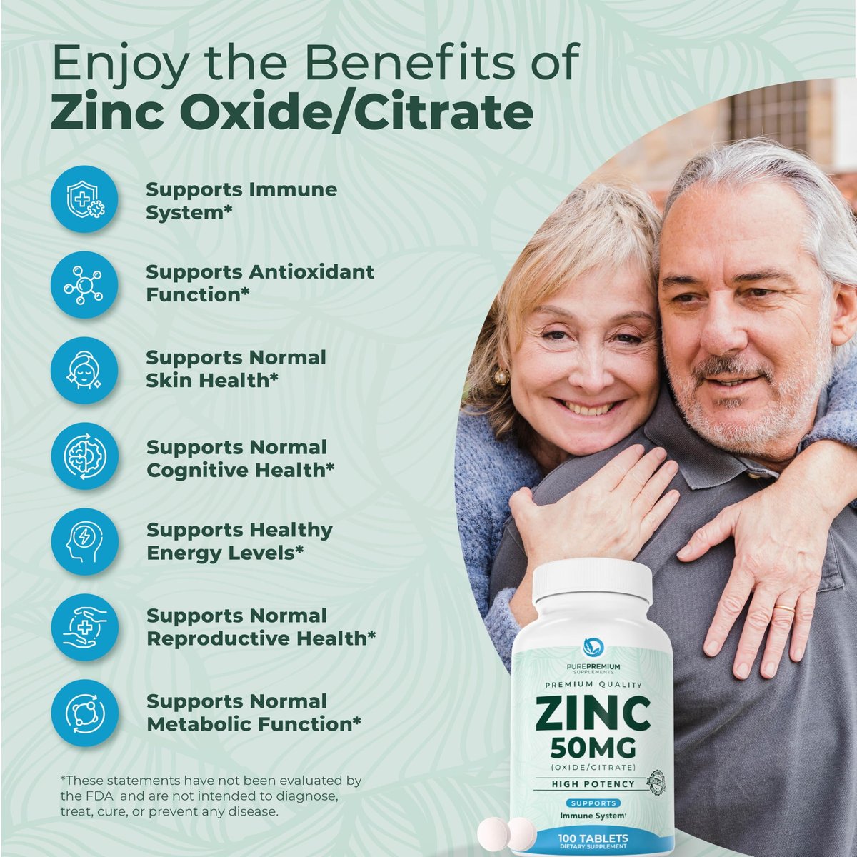 PurePremium Natürliches Zink 50mg – Hochdosiertes Zinkcitrat/Oxid für Erwachsene, Immunsystem & Antioxidans, 100 Tabletten