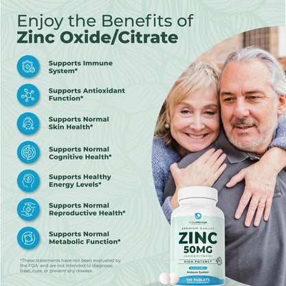 PurePremium Natürliches Zink 50mg – Hochdosiertes Zinkcitrat/Oxid für Erwachsene, Immunsystem & Antioxidans, 100 Tabletten