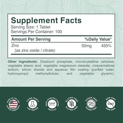 PurePremium Natürliches Zink 50mg – Hochdosiertes Zinkcitrat/Oxid für Erwachsene, Immunsystem & Antioxidans, 100 Tabletten