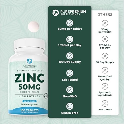 PurePremium Natürliches Zink 50mg – Hochdosiertes Zinkcitrat/Oxid für Erwachsene, Immunsystem & Antioxidans, 100 Tabletten