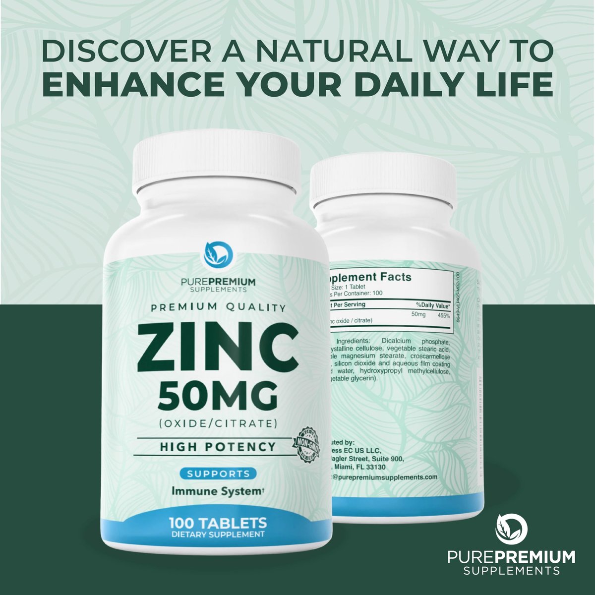 PurePremium Natürliches Zink 50mg – Hochdosiertes Zinkcitrat/Oxid für Erwachsene, Immunsystem & Antioxidans, 100 Tabletten