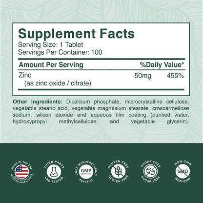 PurePremium Natürliches Zink 50mg – Hochdosiertes Zinkcitrat/Oxid für Erwachsene, Immunsystem & Antioxidans, 100 Tabletten