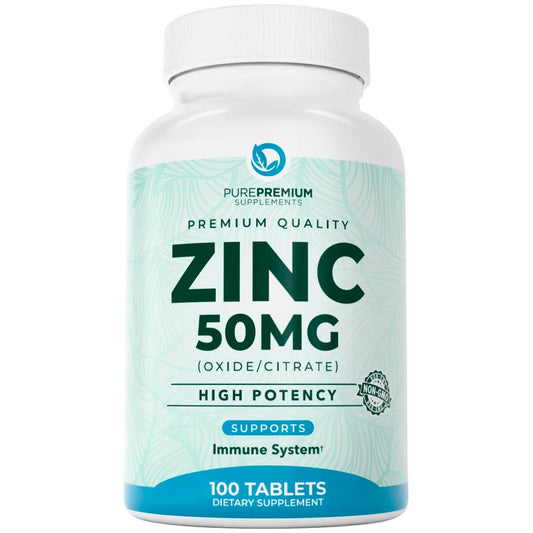 PurePremium Natürliches Zink 50mg – Hochdosiertes Zinkcitrat/Oxid für Erwachsene, Immunsystem & Antioxidans, 100 Tabletten