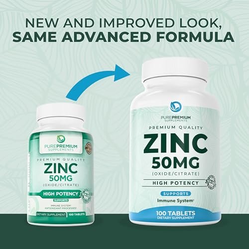 PurePremium Natürliches Zink 50mg – Hochdosiertes Zinkcitrat/Oxid für Erwachsene, Immunsystem & Antioxidans, 100 Tabletten