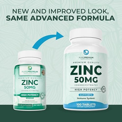 PurePremium Natürliches Zink 50mg – Hochdosiertes Zinkcitrat/Oxid für Erwachsene, Immunsystem & Antioxidans, 100 Tabletten