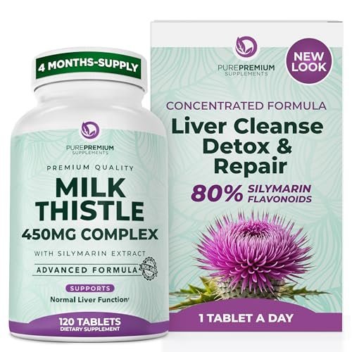 PurePremium Mariendistel Kapseln – Leberreinigung & Detox, 80 % Silymarin standardisierter Extrakt – 450 mg Komplex zur Unterstützung der normalen Leberfunktion – Non-GMO, glutenfrei – 120 Kapseln