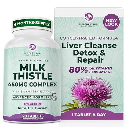 PurePremium Mariendistel Kapseln – Leberreinigung & Detox, 80 % Silymarin standardisierter Extrakt – 450 mg Komplex zur Unterstützung der normalen Leberfunktion – Non-GMO, glutenfrei – 120 Kapseln