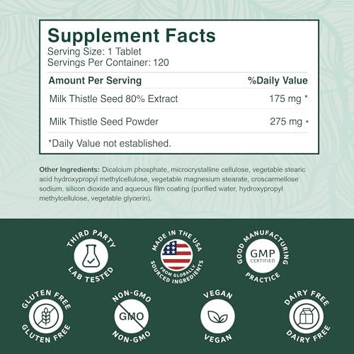 PurePremium Mariendistel Kapseln – Leberreinigung & Detox, 80 % Silymarin standardisierter Extrakt – 450 mg Komplex zur Unterstützung der normalen Leberfunktion – Non-GMO, glutenfrei – 120 Kapseln