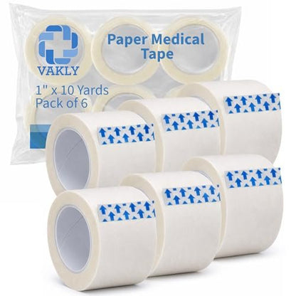 Vakly Paper Medical Tape 1 Zoll x 10 Yard (6 Rollen) – Mikroporöses, atmungsaktives, hautfreundliches Erste-Hilfe-Klebeband, latexfrei, hypoallergen