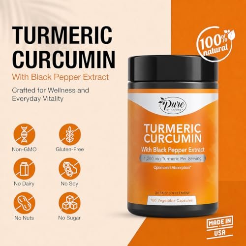 Pure By Nature Kurkuma mit Schwarzem Pfeffer Extrakt (90-Tage-Vorrat) 95 % Curcuminoide, 1200 mg pro Portion, Kurkuma Curcumin Nahrungsergänzungsmittel Bio, Hochabsorbierender Antioxidans-Unterstützung (180 Kapseln)