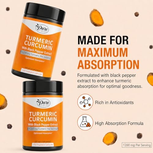 Pure By Nature Kurkuma mit Schwarzem Pfeffer Extrakt (90-Tage-Vorrat) 95 % Curcuminoide, 1200 mg pro Portion, Kurkuma Curcumin Nahrungsergänzungsmittel Bio, Hochabsorbierender Antioxidans-Unterstützung (180 Kapseln)