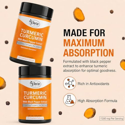Pure By Nature Kurkuma mit Schwarzem Pfeffer Extrakt (90-Tage-Vorrat) 95 % Curcuminoide, 1200 mg pro Portion, Kurkuma Curcumin Nahrungsergänzungsmittel Bio, Hochabsorbierender Antioxidans-Unterstützung (180 Kapseln)