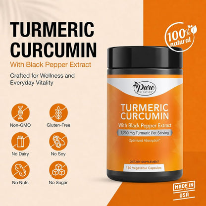 Pure By Nature Kurkuma mit Schwarzem Pfeffer Extrakt (90-Tage-Vorrat) 95 % Curcuminoide, 1200 mg pro Portion, Kurkuma Curcumin Nahrungsergänzungsmittel Bio, Hochabsorbierender Antioxidans-Unterstützung (180 Kapseln)