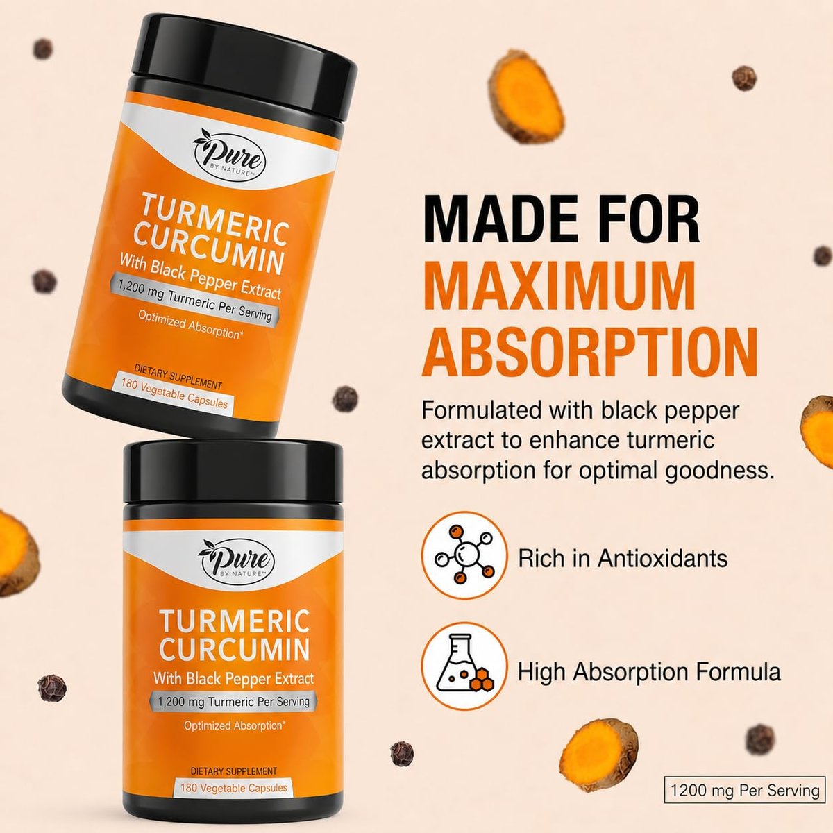 Pure By Nature Kurkuma mit Schwarzem Pfeffer Extrakt (90-Tage-Vorrat) 95 % Curcuminoide, 1200 mg pro Portion, Kurkuma Curcumin Nahrungsergänzungsmittel Bio, Hochabsorbierender Antioxidans-Unterstützung (180 Kapseln)