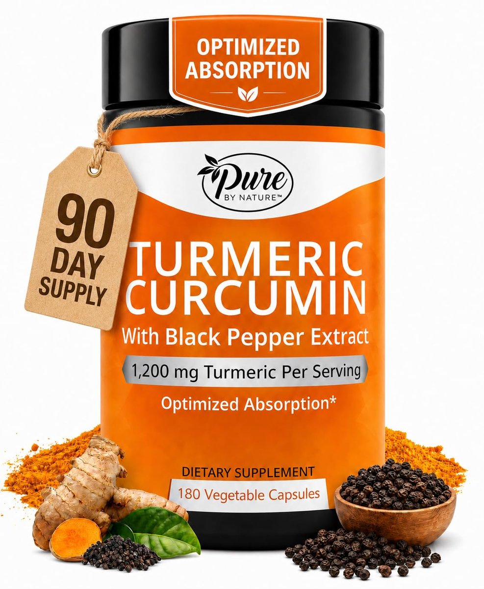 Pure By Nature Kurkuma mit Schwarzem Pfeffer Extrakt (90-Tage-Vorrat) 95 % Curcuminoide, 1200 mg pro Portion, Kurkuma Curcumin Nahrungsergänzungsmittel Bio, Hochabsorbierender Antioxidans-Unterstützung (180 Kapseln)