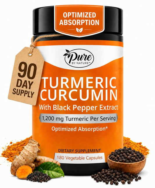 Pure By Nature Kurkuma mit Schwarzem Pfeffer Extrakt (90-Tage-Vorrat) 95 % Curcuminoide, 1200 mg pro Portion, Kurkuma Curcumin Nahrungsergänzungsmittel Bio, Hochabsorbierender Antioxidans-Unterstützung (180 Kapseln)