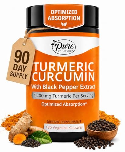 Pure By Nature Kurkuma mit Schwarzem Pfeffer Extrakt (90-Tage-Vorrat) 95 % Curcuminoide, 1200 mg pro Portion, Kurkuma Curcumin Nahrungsergänzungsmittel Bio, Hochabsorbierender Antioxidans-Unterstützung (180 Kapseln)