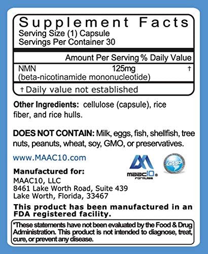 MAAC10 NMN Supplement – Reines Nicotinamid-Mononukleotid (NMN 125 mg Kapseln). Der stärkste NAD+-Vorläufer, stabiler als Ribosid. Pharmazeutische Qualität, 99 % rein, 30 Kapseln