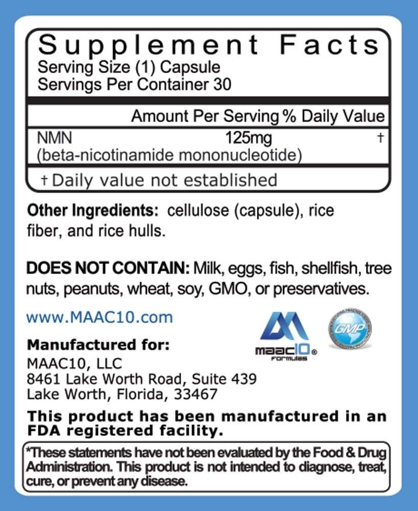 MAAC10 NMN Supplement – Reines Nicotinamid-Mononukleotid (NMN 125 mg Kapseln). Der stärkste NAD+-Vorläufer, stabiler als Ribosid. Pharmazeutische Qualität, 99 % rein, 30 Kapseln