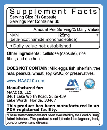MAAC10 NMN Supplement – Reines Nicotinamid-Mononukleotid (NMN 125 mg Kapseln). Der stärkste NAD+-Vorläufer, stabiler als Ribosid. Pharmazeutische Qualität, 99 % rein, 30 Kapseln